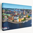 Large art of a serene Swedish landscape on stretched canvas, in soft blue and green hues, ideal for kitchen wall art.