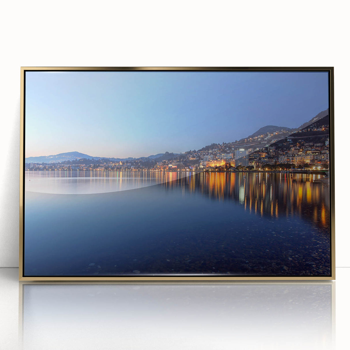 Large art print of Geneva scenery in muted gold and blue tones on a framed acrylic, ideal for modern art wall decor.