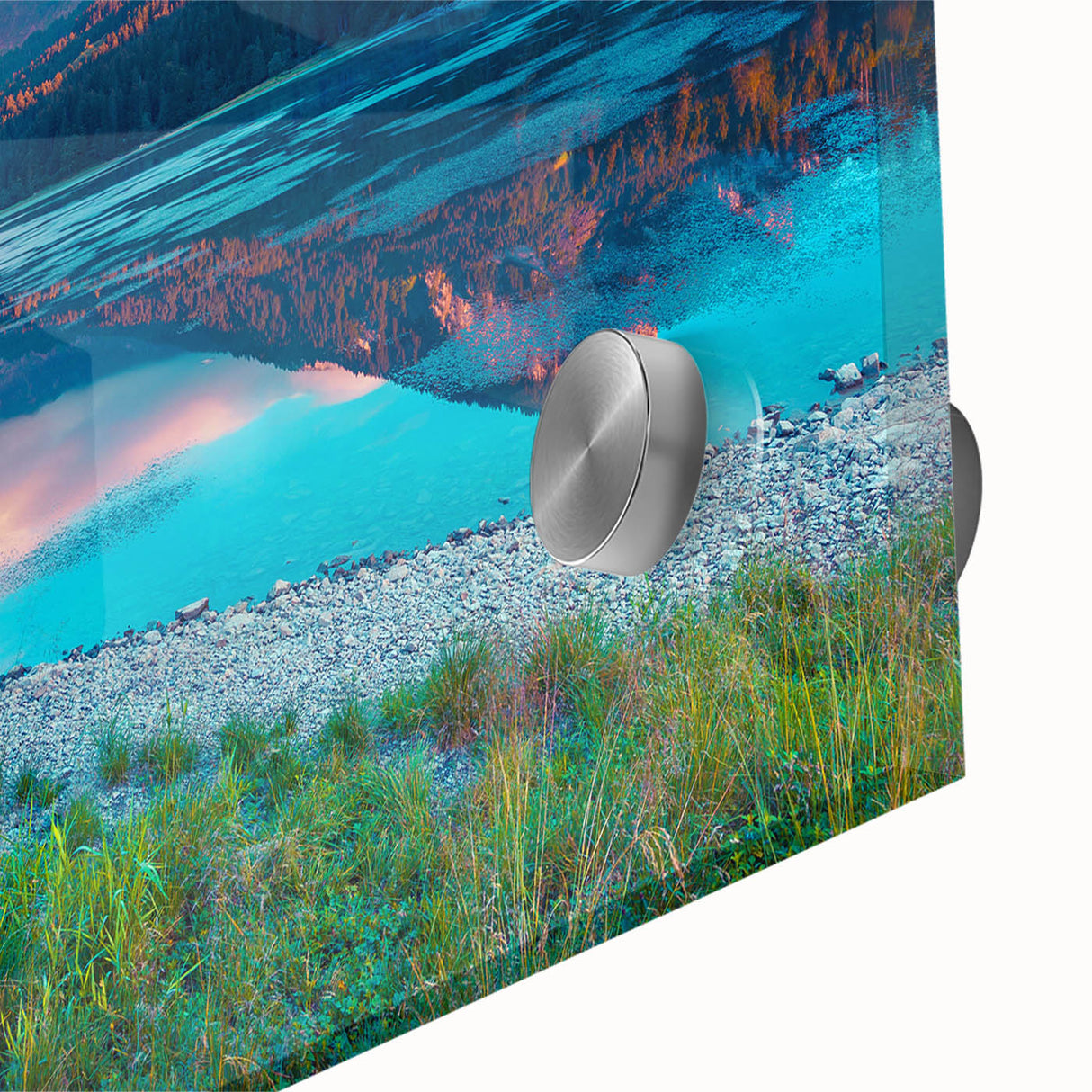 Large abstract wall art of a Swiss landscape in muted earth tones on acrylic glass, suitable for dining room decor.
