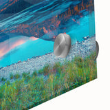 Large abstract wall art of a Swiss landscape in muted earth tones on acrylic glass, suitable for dining room decor.