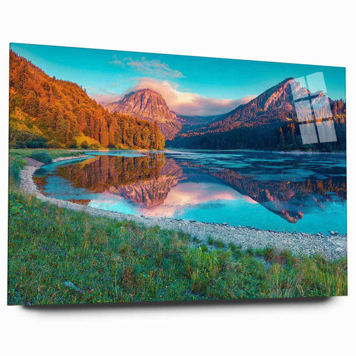 Acrylic print of a serene Swiss landscape, featuring muted green and blue tones, ideal for bedroom or dining room art.