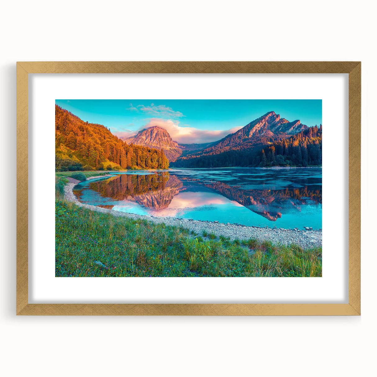 Extra large framed wall art of an abstract Swiss landscape in textured gold and earth tones, ideal for living room decor.