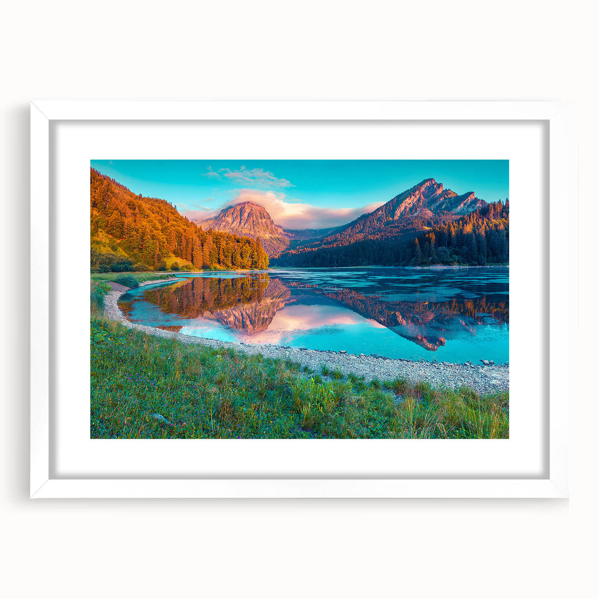 Abstract art print of a Swiss landscape in muted blues and greens on a framed white mat, ideal for dining room decor.