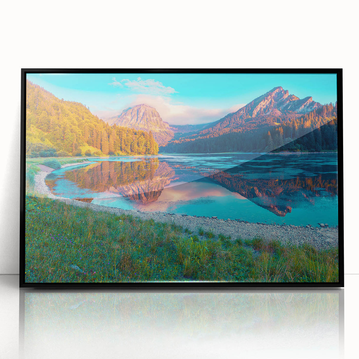 Large abstract wall art depicting a Swiss landscape in muted earth tones on a framed acrylic.
