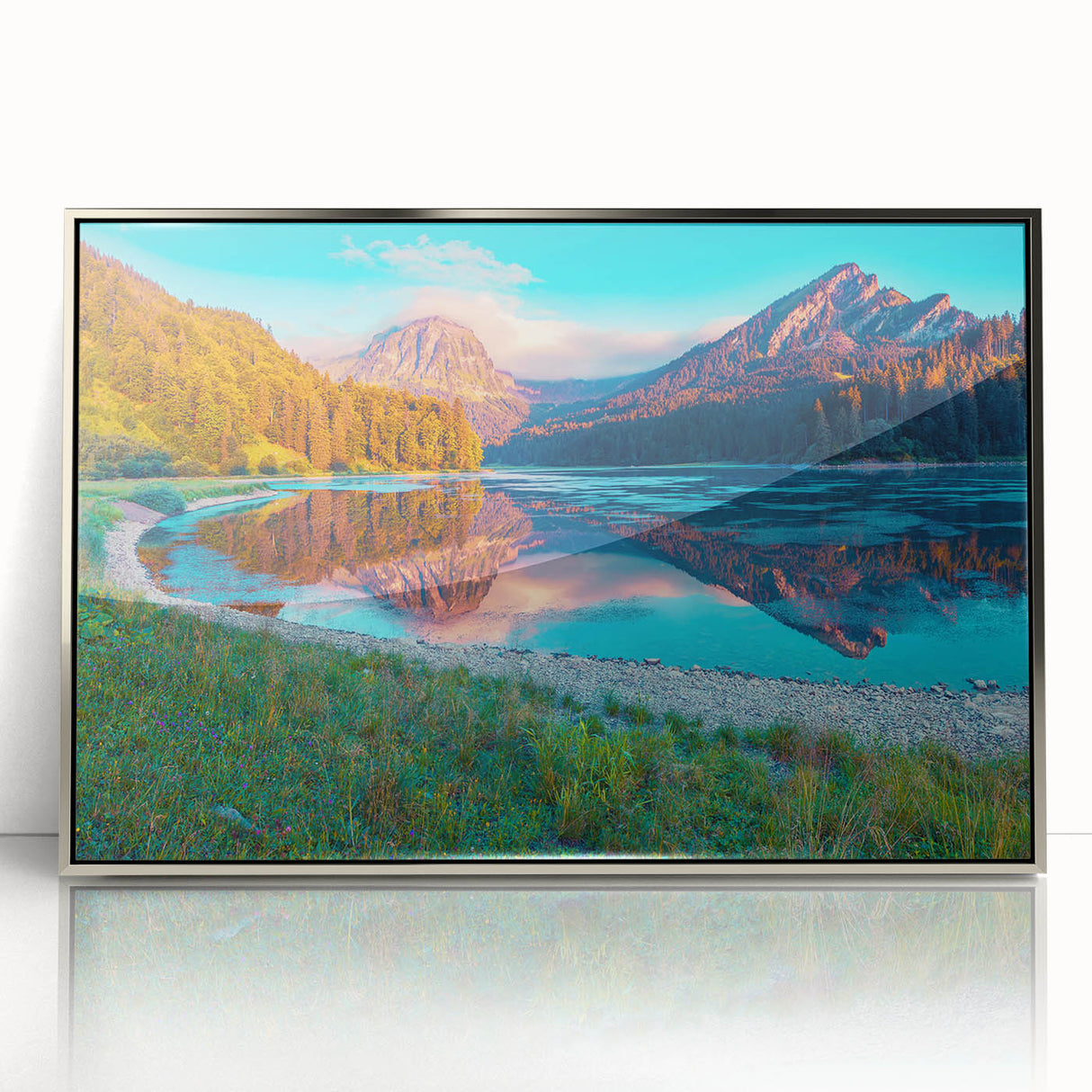 Mid-century modernist art of a Swiss landscape in muted earth tones, acrylic print framed in silver.