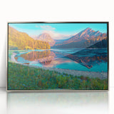 Mid-century modernist art of a Swiss landscape in muted earth tones, acrylic print framed in silver.