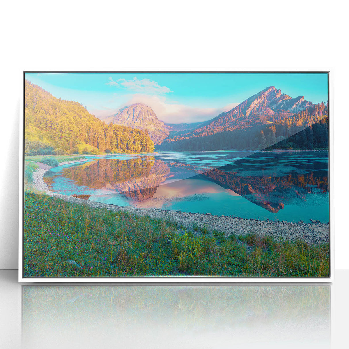 Acrylic print of a Swiss landscape, featuring serene blue and green hues in a modern art style, ideal for nursery wall decor.