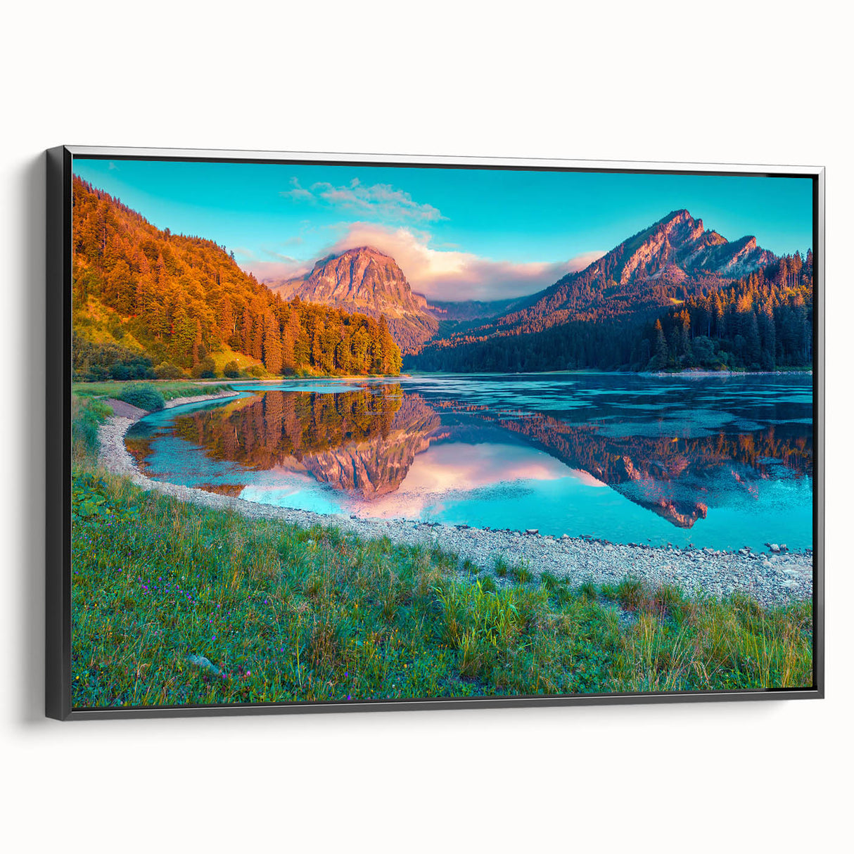 Black and white wall art featuring a vintage landscape of the Swiss Alps on a framed canvas, ideal for bedroom decor.