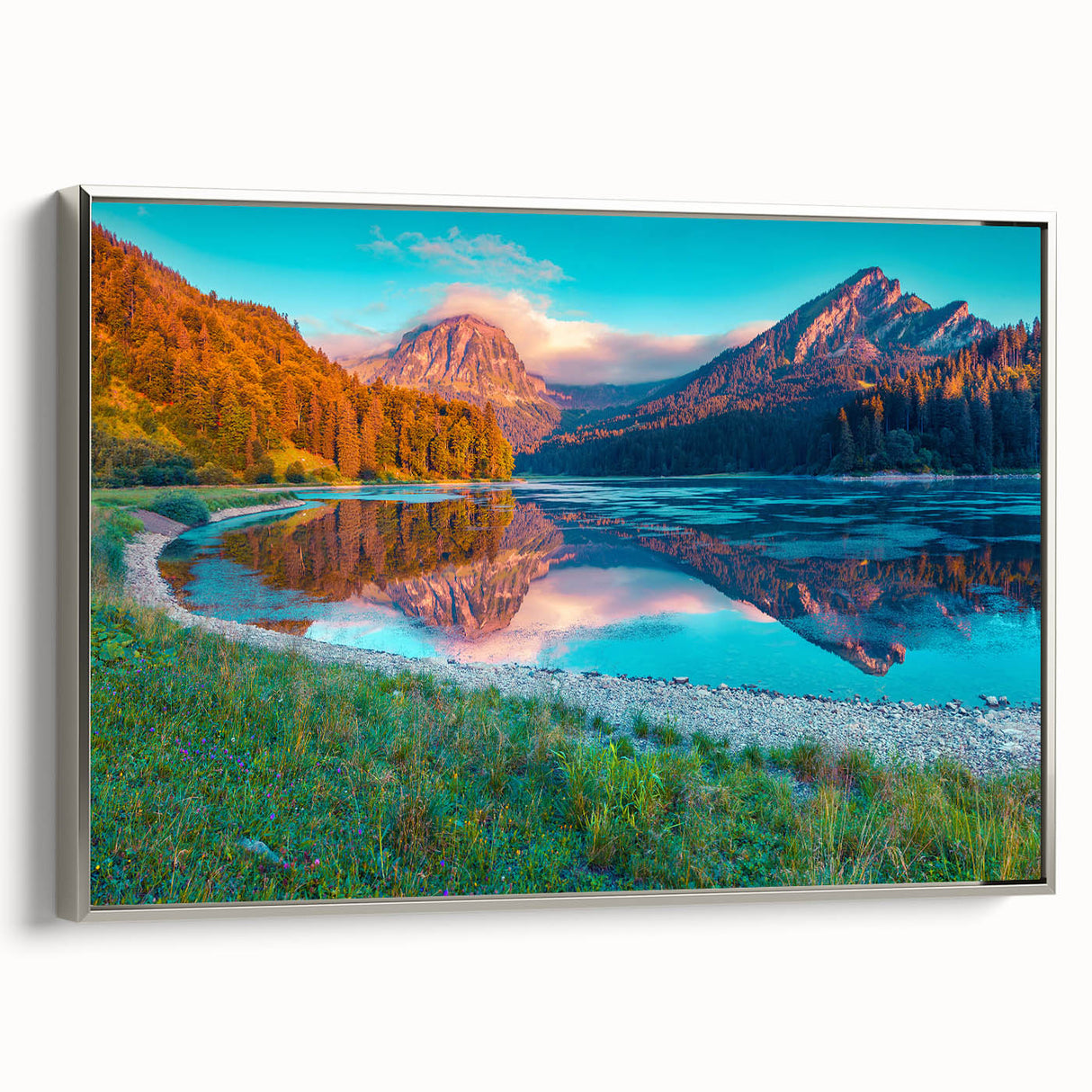 Landscape art painting of a Swiss scenery on framed canvas, featuring muted earth tones and vintage poster style.