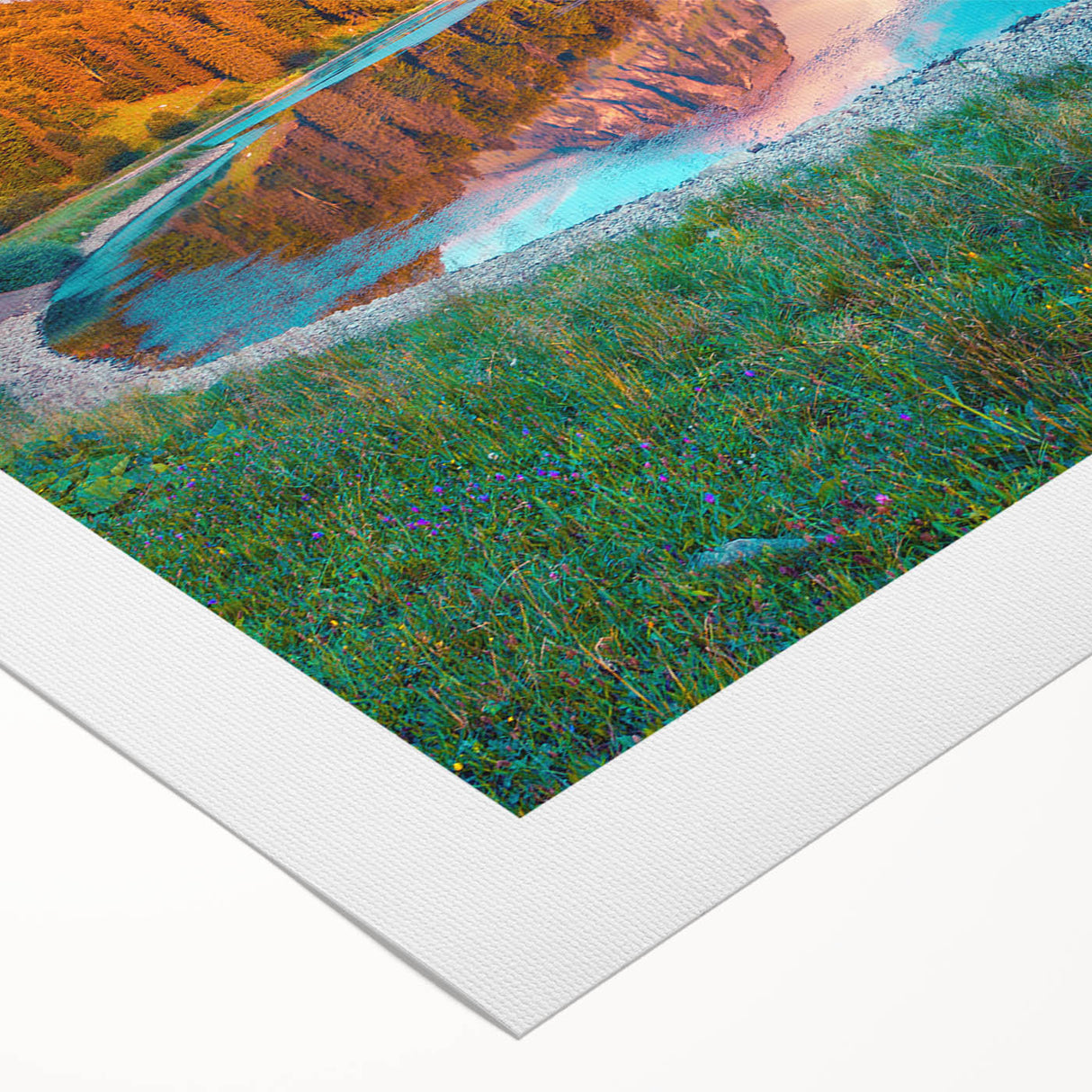 Art deco poster of a Swiss landscape in muted green and blue tones on rolled canvas, suitable for dining room wall art.