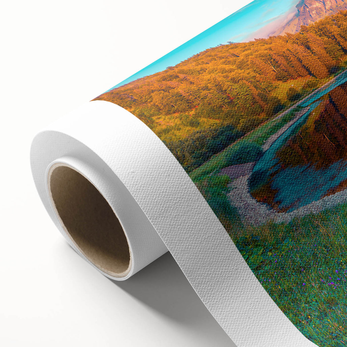 Art Deco style poster of a serene Swiss landscape, using soft pastel colors on a rolled canvas, ideal for nursery wall art.