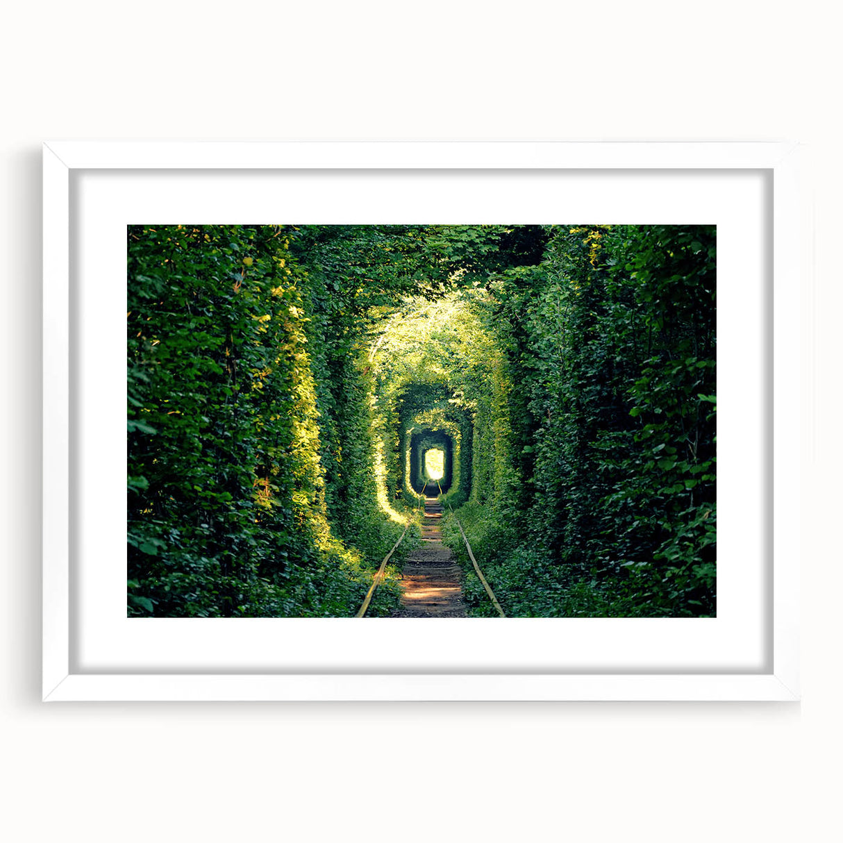 Abstract art print of a European landscape in muted earth tones on a framed white mat, ideal for dining room decor.