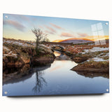 Acrylic print of a serene Welsh landscape in soft green and blue tones, ideal for dining room decor.