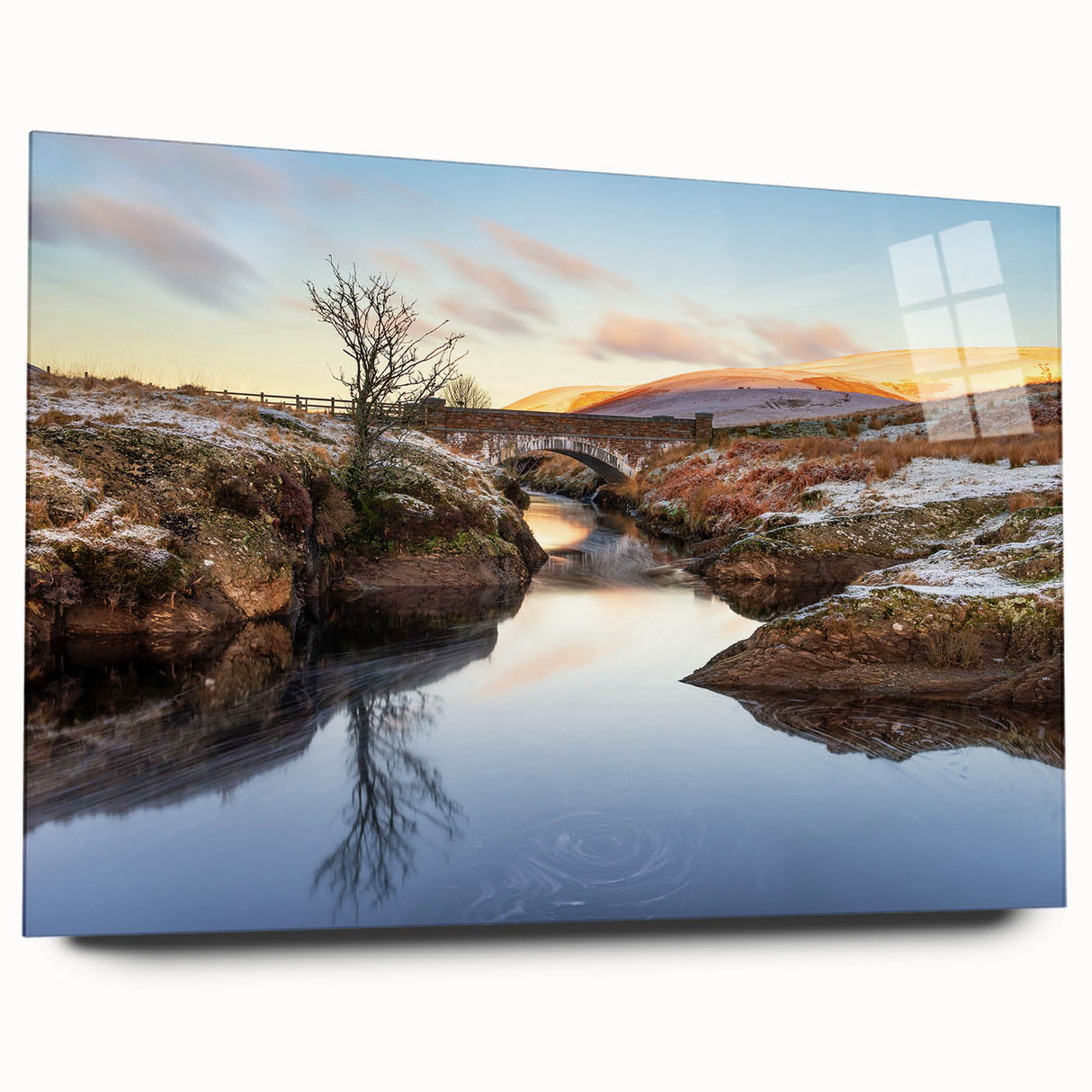 Large abstract wall art of a Welsh landscape in muted green and blue tones, acrylic print.