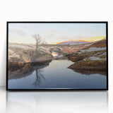 Large abstract wall art depicting European Welsh scenery in muted earth tones on a framed acrylic print.