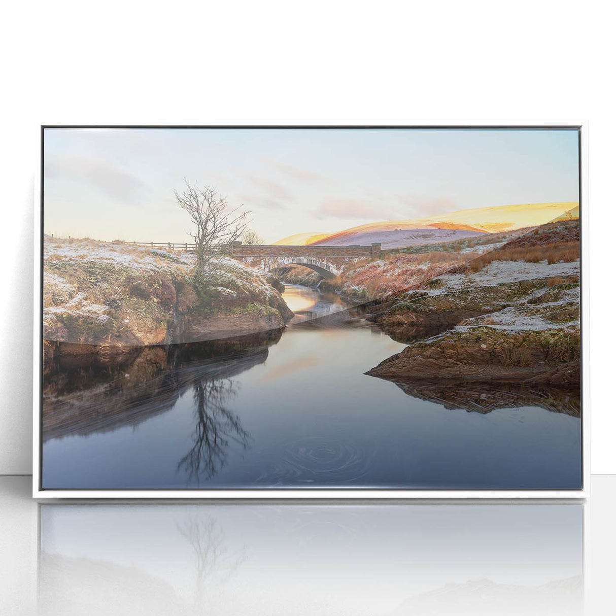 Art deco poster of a scenic Welsh landscape in muted green and blue tones, framed acrylic, ideal for nursery wall art.
