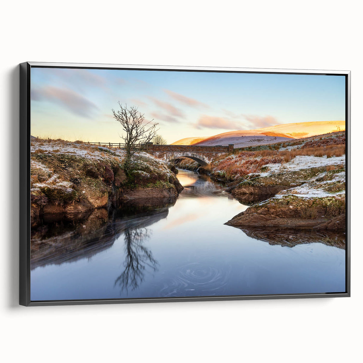 Black and white framed canvas depicting a vintage landscape of Welsh scenery, ideal for bedroom wall decor.