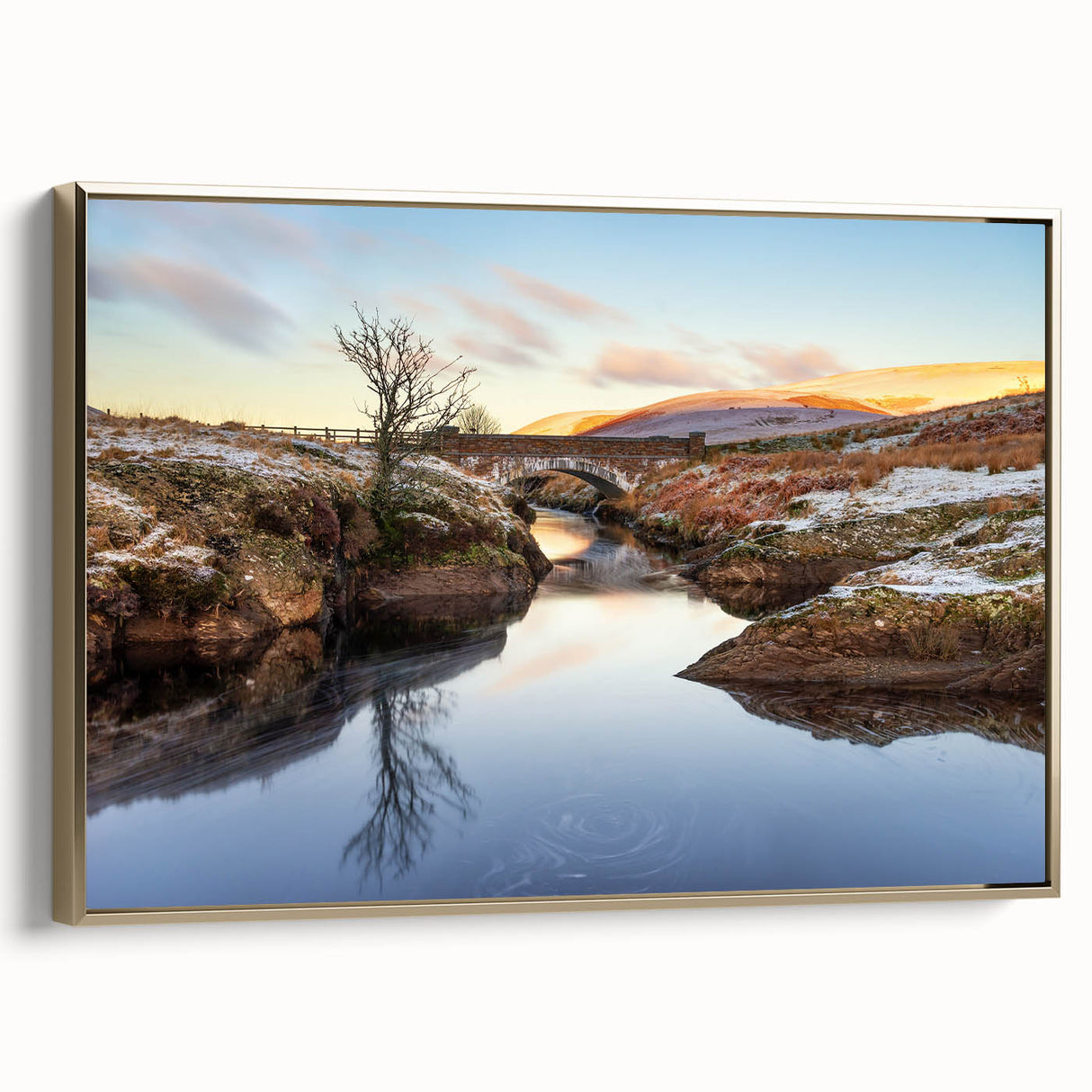 Framed canvas depicting a vintage-style Welsh landscape in muted gold and black tones, ideal for bedroom wall art.