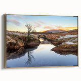 Framed canvas depicting a vintage-style Welsh landscape in muted gold and black tones, ideal for bedroom wall art.
