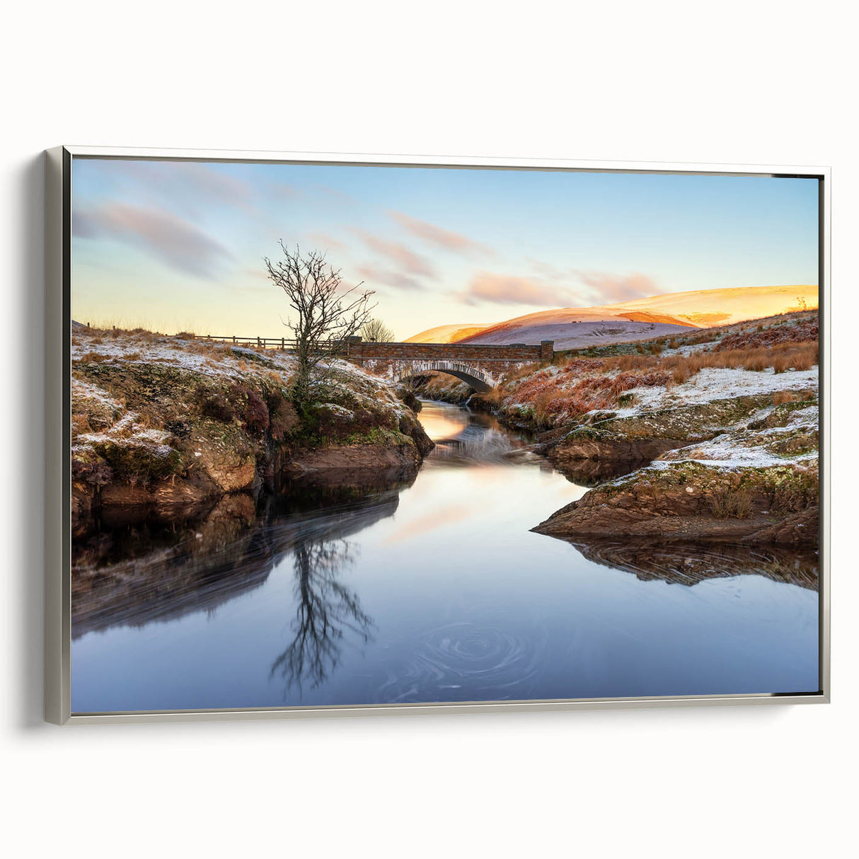 Landscape art painting of Welsh scenery on framed canvas, featuring black and colorful vintage poster art style.