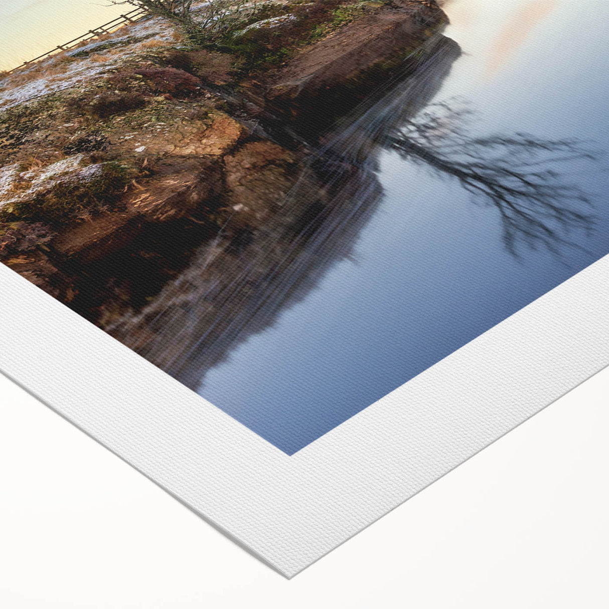 Art deco poster of a Welsh landscape, featuring muted green and blue tones on rolled canvas.
