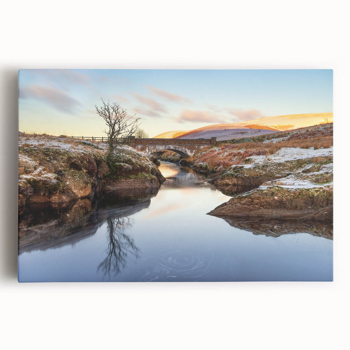 Black and white photo of Welsh landscape on stretched canvas, ideal for kitchen wall art.