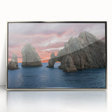 Mid-century modernist art depicting Baja California scenery in a silver-framed acrylic, ideal for nursery wall art.