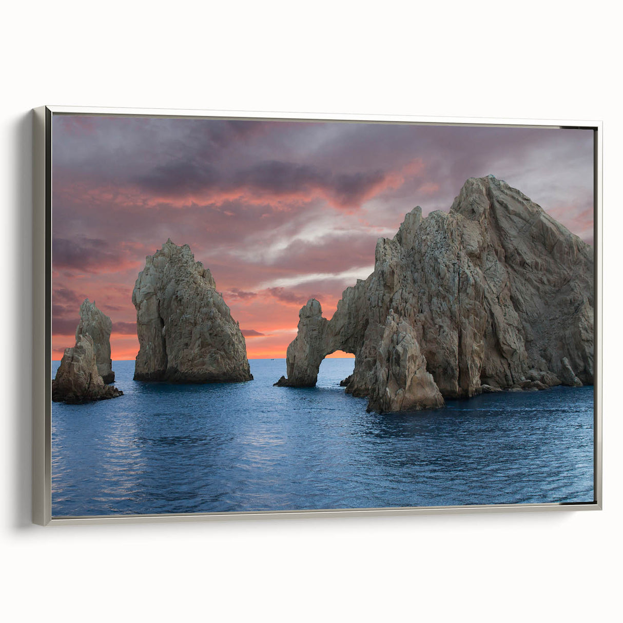 Framed canvas featuring a vintage-style landscape art painting of Baja California with colorful, muted tones.