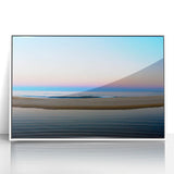 Acrylic print of Cabo San Lucas scenery in art deco style with pastel color palette, framed in white.