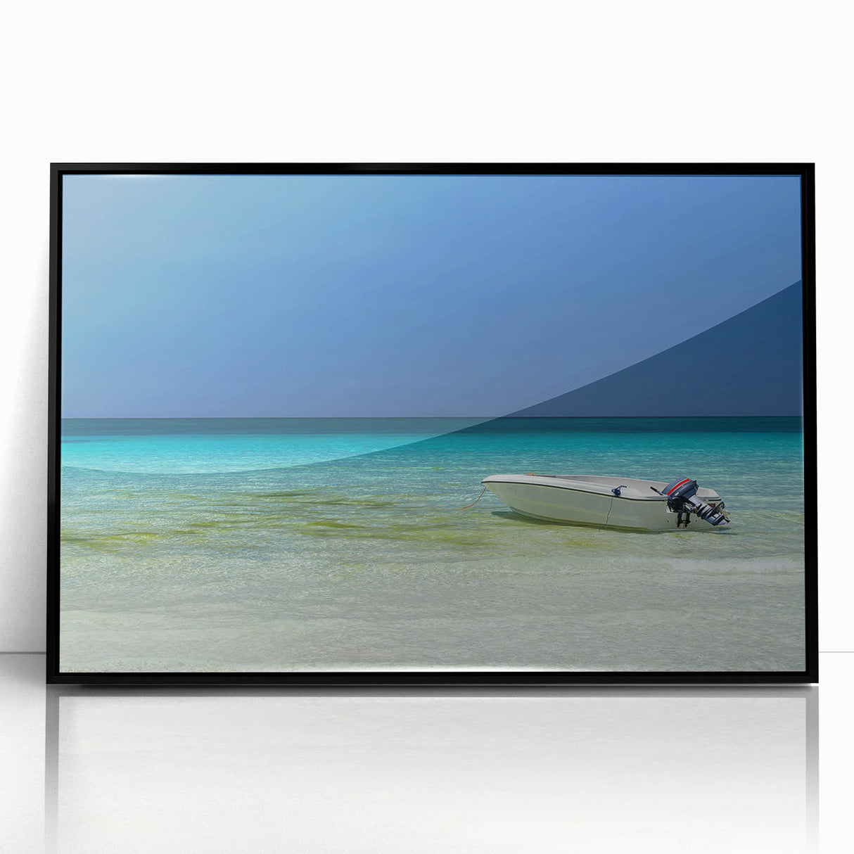 Large abstract wall art featuring a Cancun scenery in muted blue and green acrylic, framed in black.