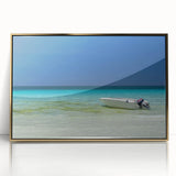 Framed acrylic print of Cancun scenery, with vibrant blue and green tones, ideal for modern art wall decor.