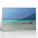 Acrylic print of Cancun scenery in art deco style, with vibrant blue and white tones, ideal for modern nursery wall art.
