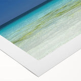 Art deco poster of Cancun scenery with pastel blue and pink tones on rolled canvas, suitable for dining room wall art.