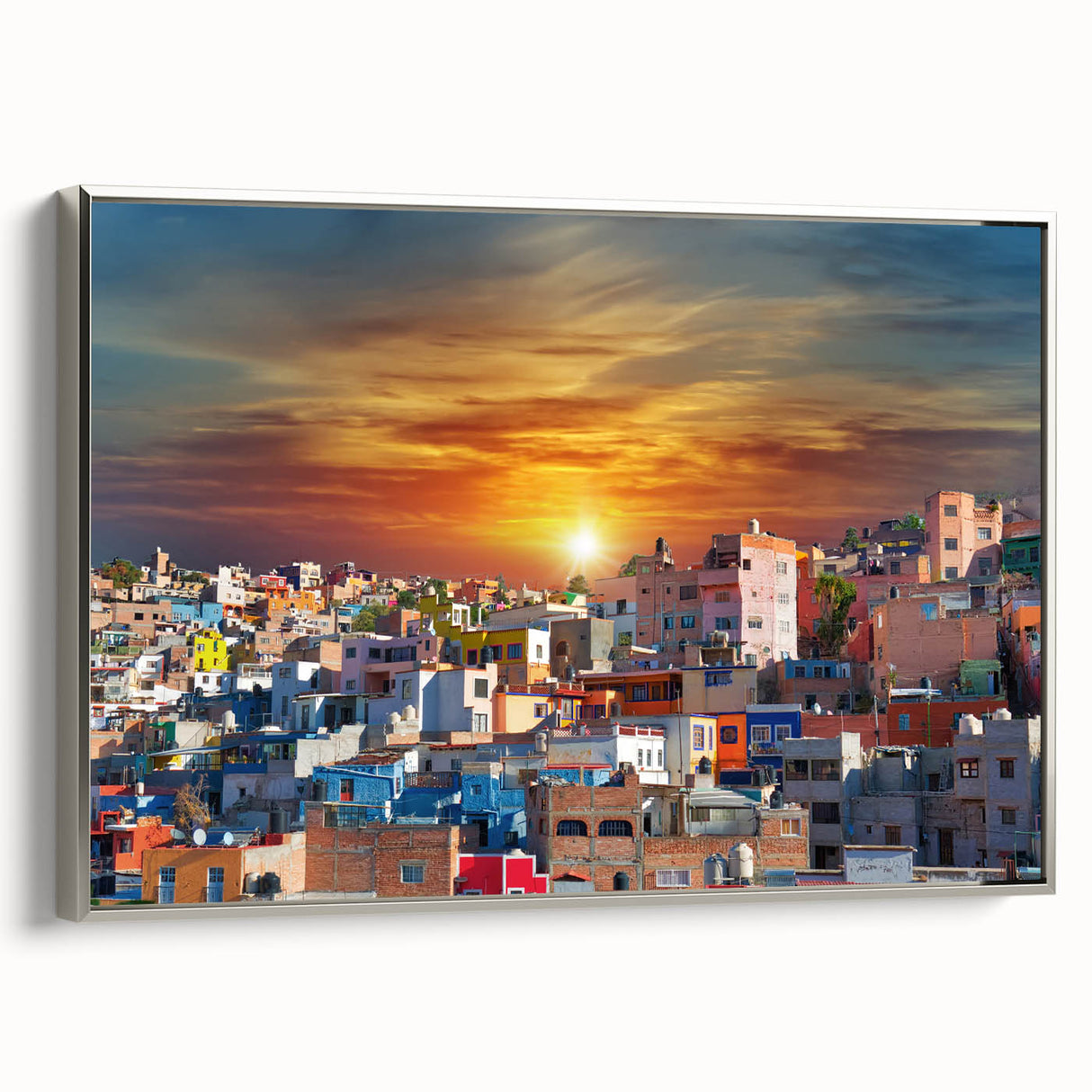Framed canvas depicting a colorful landscape of Guanajuato, Mexico, in a vintage poster style.