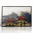 Large abstract wall art depicting a vibrant Oaxaca landscape in mid-century modernist style, framed in black acrylic.