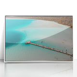 Art deco style poster of Quintana Roo scenery on white framed acrylic, featuring vibrant ocean and sky tones.