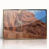 Mid-century modernist acrylic print of a Middle Eastern landscape in gold and earth tones, ideal for modern art wall decor.