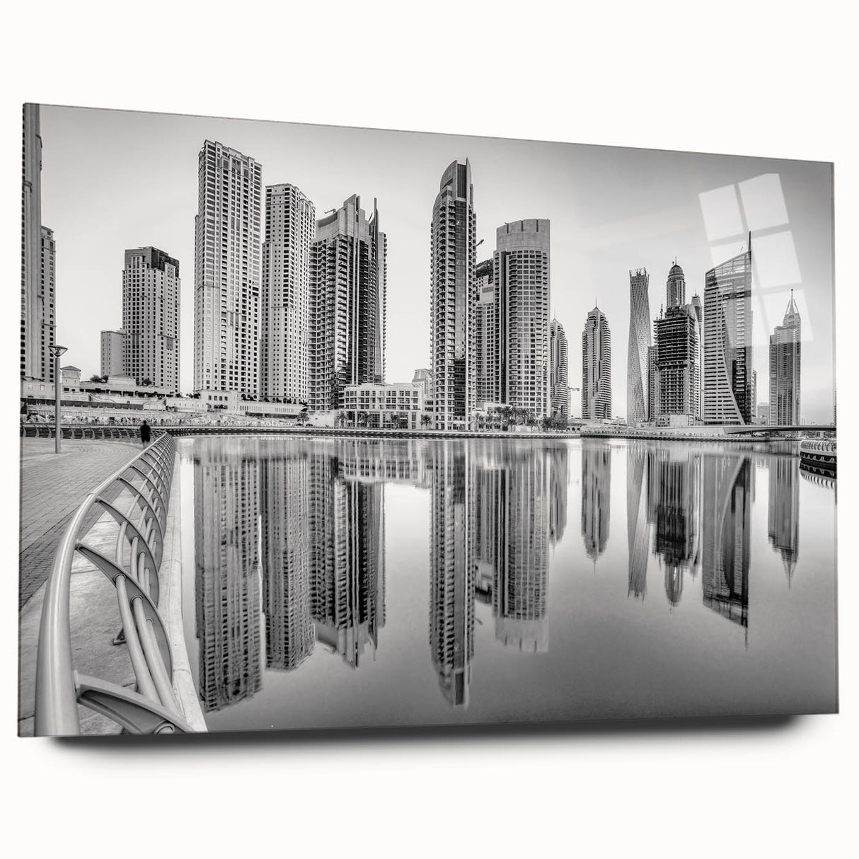 Acrylic print of a large abstract Dubai skyline in muted earth tones, ideal for bedroom or dining room art.