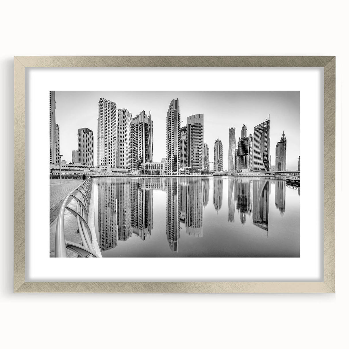 Textured abstract art print of Dubai skyline in muted earth tones, framed in silver, ideal for bedroom art.