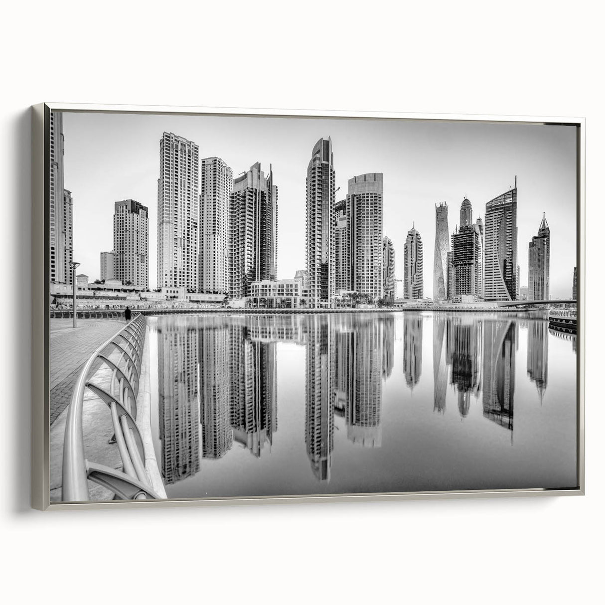 Framed canvas featuring a colorful Dubai skyline landscape with silver accents, ideal for office decor.