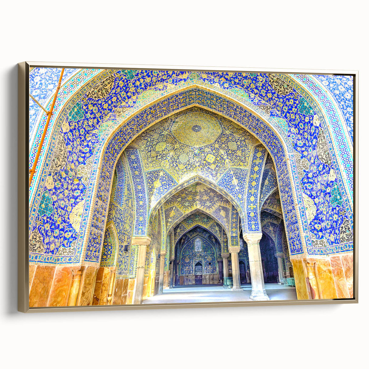 Vintage poster art of a Middle Eastern landscape on framed canvas, with gold and black tones, ideal for bedroom wall decor.