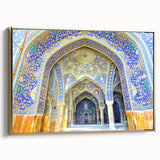 Vintage poster art of a Middle Eastern landscape on framed canvas, with gold and black tones, ideal for bedroom wall decor.