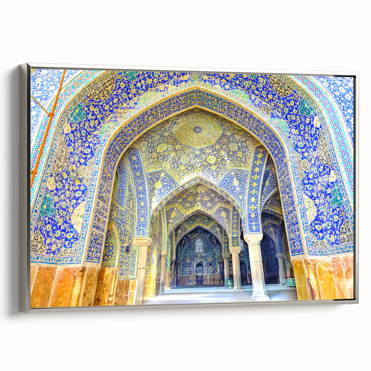 Landscape art painting of a Middle Eastern scene in colorful hues on framed canvas, ideal for living room decor.