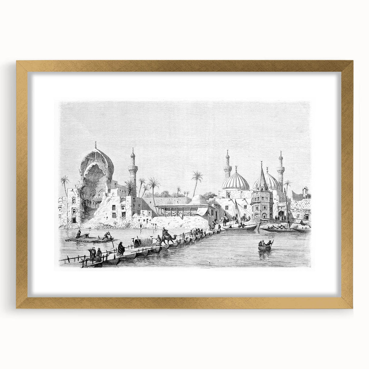 Extra large textured abstract art print depicting Middle Eastern scenery in muted earth tones on a framed canvas.
