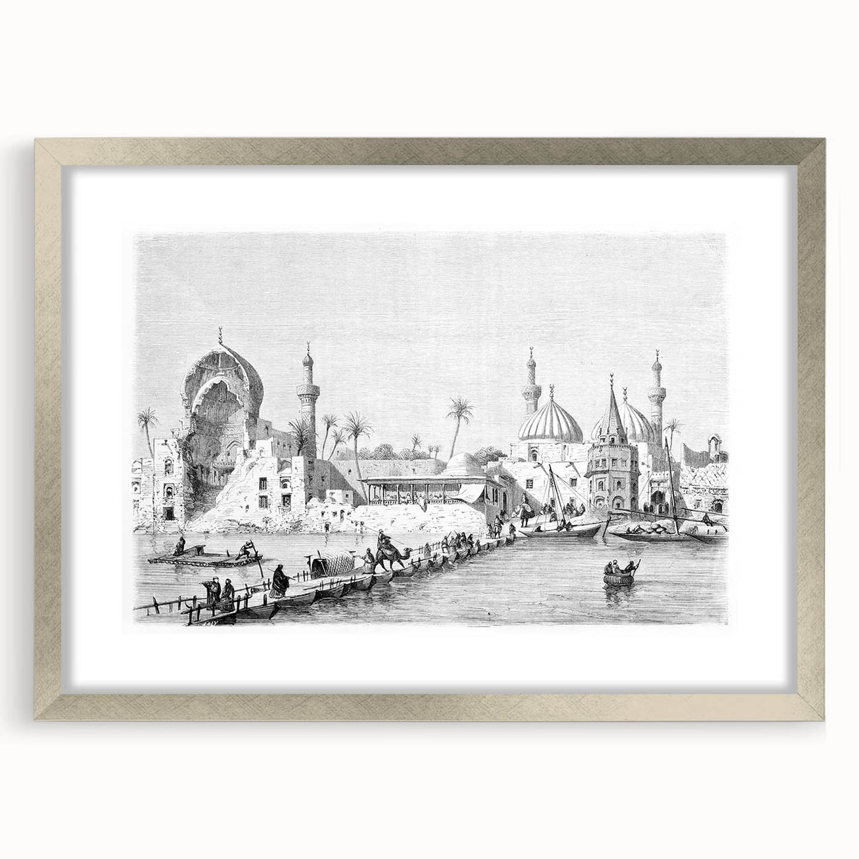Textured abstract art print featuring a Middle Eastern desert scene in earthy tones on a framed silver mat.