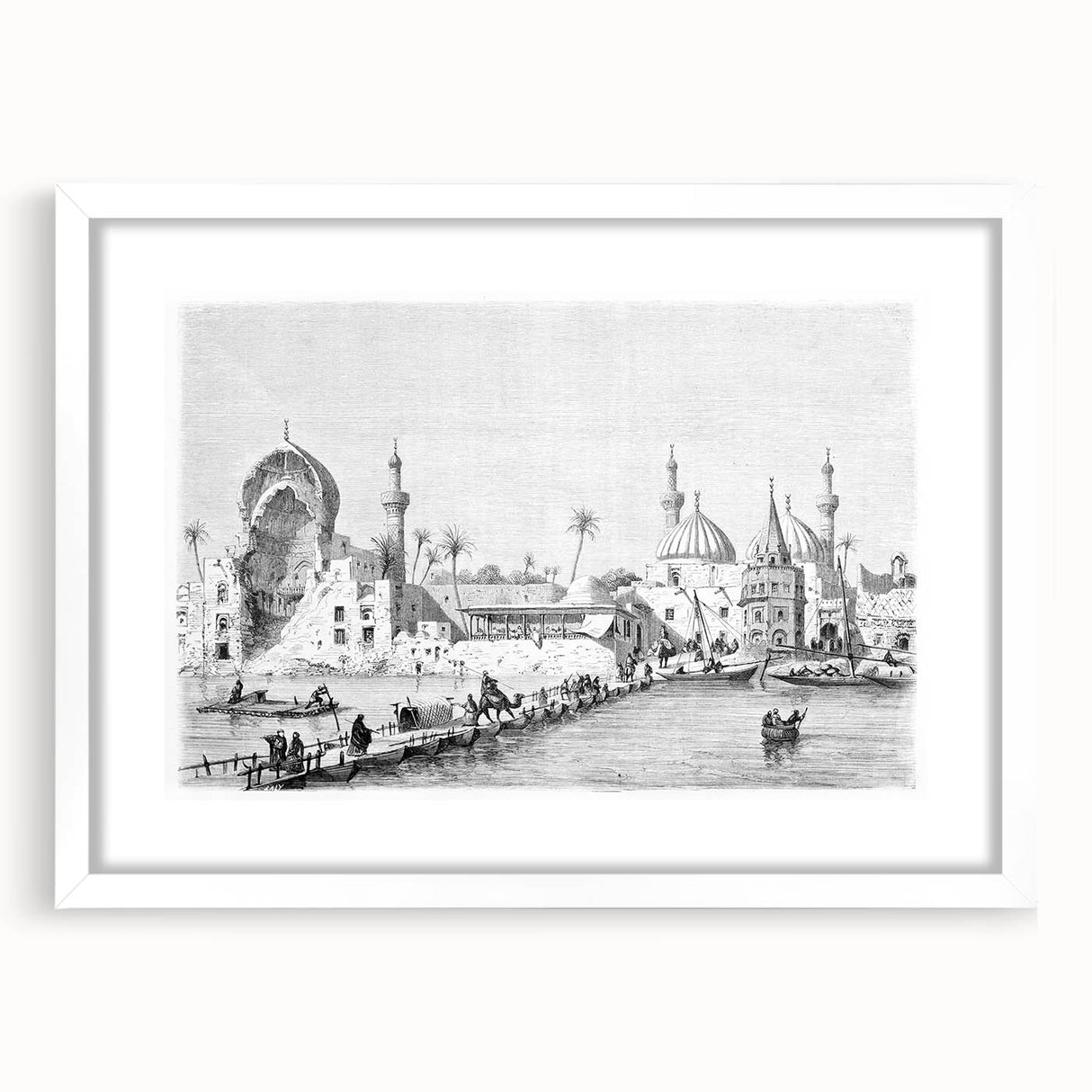 Abstract art print of a Middle Eastern landscape in muted earth tones on a framed white mat, ideal for dining room decor.