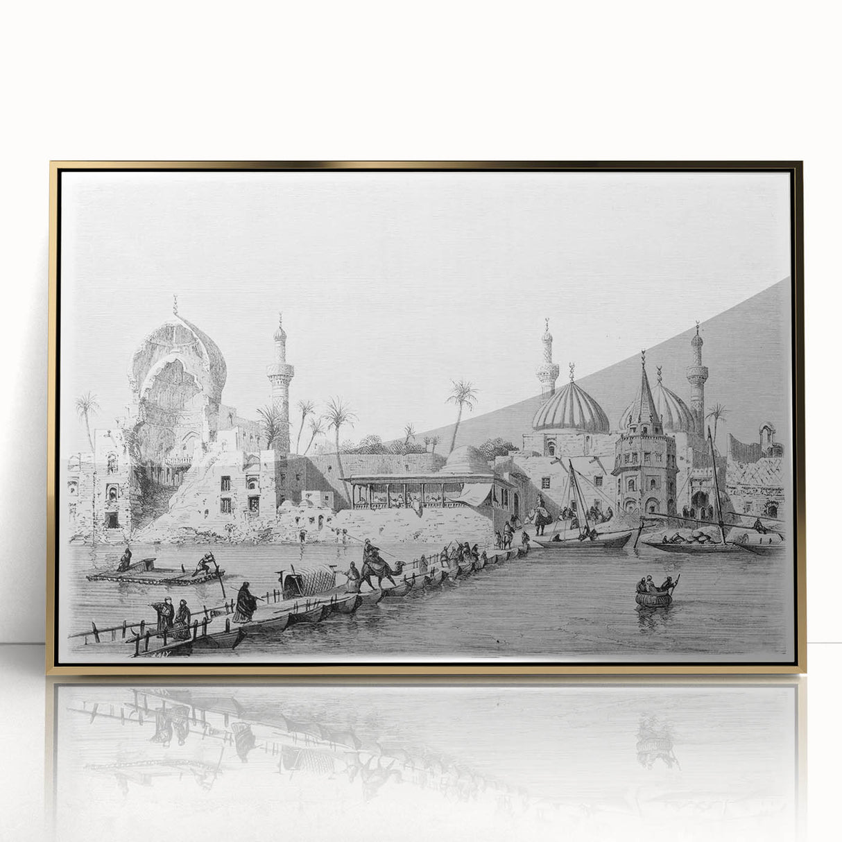 Large art print of a Middle Eastern Iraqi scenery in gold tones on framed acrylic, suitable for modern art wall decor.