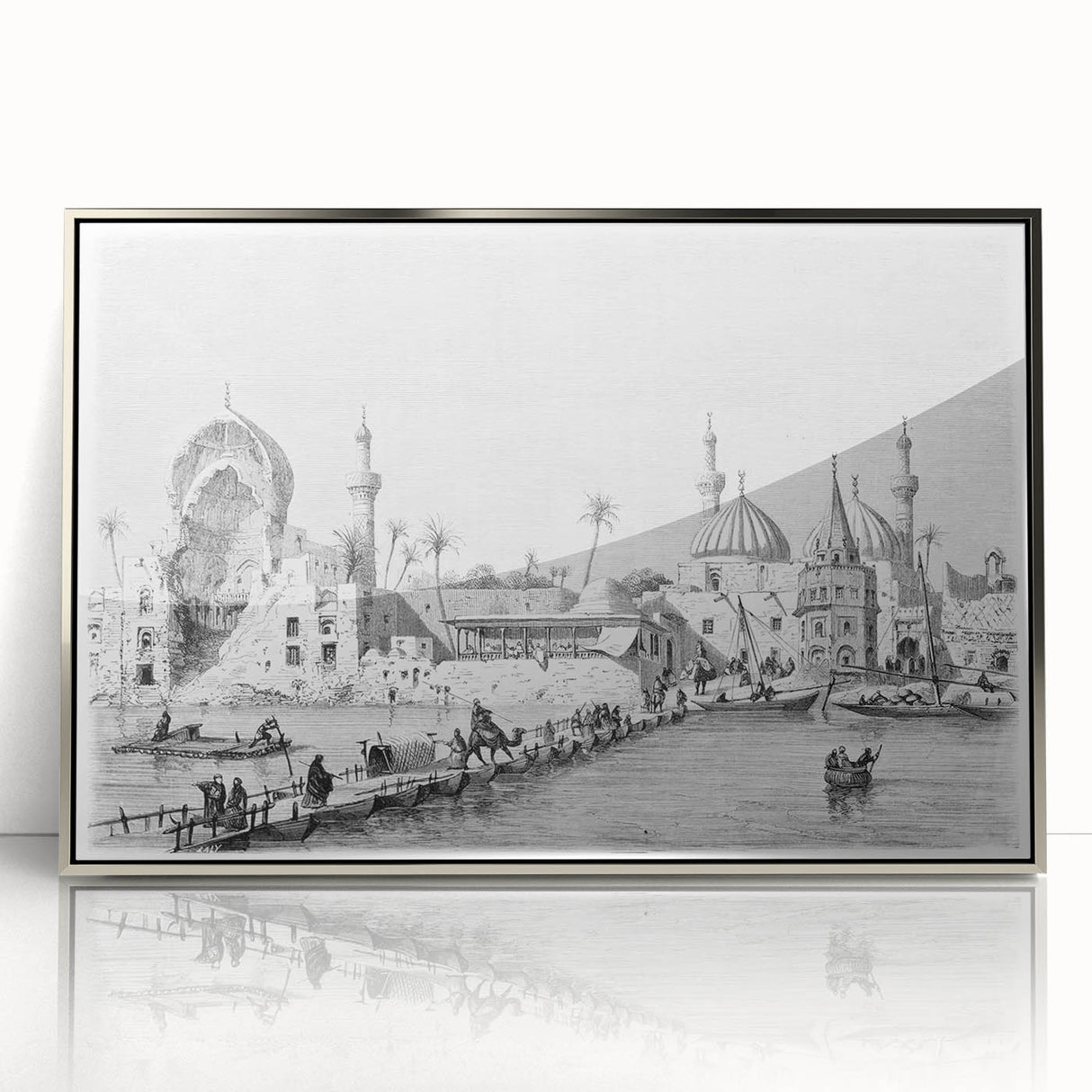Mid-century modernist art depicting a serene Middle Eastern landscape in muted earth tones, framed in acrylic.