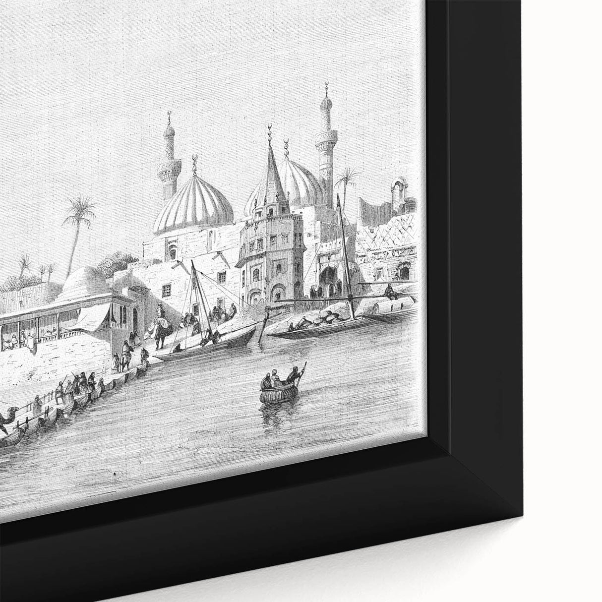Extra large framed canvas depicting a Middle Eastern scenery in black with colorful, textured art details.