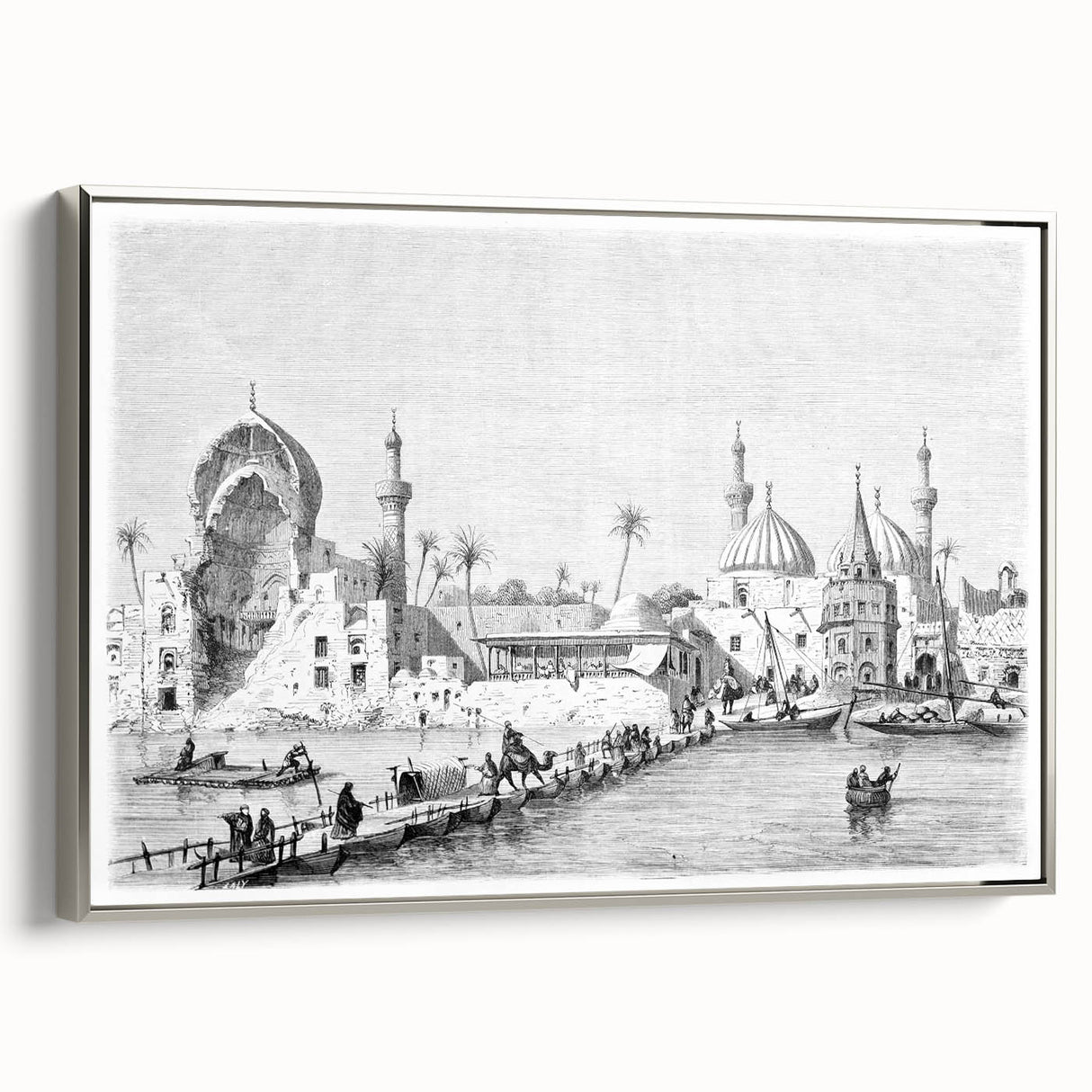 Framed canvas landscape art painting depicting a colorful Middle Eastern scene, ideal for enhancing a living room wall.